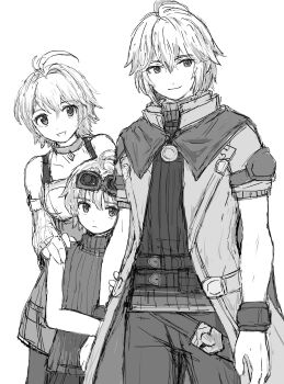 1girl 2boys absurdres ahoge cape choker couple detached_sleeves family father_and_son fiora_(xenoblade) goggles goggles_on_head greyscale hand_on_another&#039;s_shoulder highres holding_another&#039;s_arm husband_and_wife kokkou_1 long_coat looking_at_viewer monochrome mother_and_son multiple_boys nikol_(xenoblade) open_mouth short_hair shulk_(xenoblade) sketch smile sweater turtleneck turtleneck_sweater white_background wristband xenoblade_chronicles_(series) xenoblade_chronicles_1 xenoblade_chronicles_3 xenoblade_chronicles_3:_future_redeemed