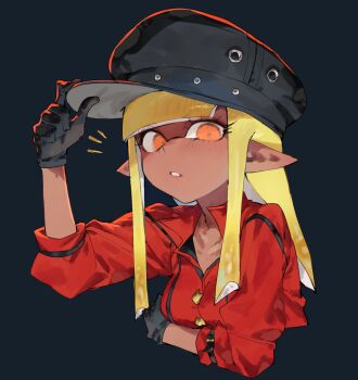 1girl adjusting_clothes adjusting_headwear black_gloves black_hat blonde_hair blue_background blunt_bangs commentary_request cropped_torso dark-skinned_female dark_skin gloves hand_on_own_hat hat highres inkling inkling_girl inkling_player_character long_hair long_pointy_ears looking_at_viewer nintendo notice_lines orange_eyes parted_lips peaked_cap pointy_ears red_shirt shirt sidelocks simple_background solo splatoon_(series) tentacle_hair togetoge