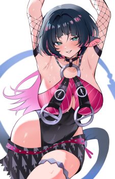 1girl animal_ears armpits arms_up black_choker black_hair breasts choker cleavage commentary_request covered_navel enipa_28 fishnet_sleeves fishnets green_eyes highleg highleg_one-piece_swimsuit highres jane_doe_(nocturne_of_light)_(zenless_zone_zero) jane_doe_(zenless_zone_zero) large_breasts looking_at_viewer mouse_ears mouse_girl mouse_tail multicolored_hair one-piece_swimsuit pink_hair simple_background solo swimsuit tail thigh_strap two-tone_hair white_background zenless_zone_zero