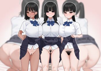 Rule 34 | 3girls, absurdres, anus, ass, asymmetrical docking, bar censor, black hair, black skirt, blue bow, blue bowtie, bow, bowtie, breast press, breasts, censored, closed mouth, clothes lift, commentary request, female pubic hair, fffukuzawa, highres, huge breasts, knees, lifting own clothes, long hair, looking at viewer, multiple girls, original, ponytail, pubic hair, pussy, school uniform, short hair, short sleeves, skirt, skirt lift, smile, standing, summer uniform, tan, tanline, thighs