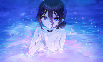 1girl absurdres black_choker black_hair breasts chainsaw_man choker collarbone hair_between_eyes hair_bun hair_up highres looking_at_viewer nude partially_submerged pool purple_eyes purple_hair reze_(chainsaw_man) riechu_0 small_breasts smile solo water wet wet_hair