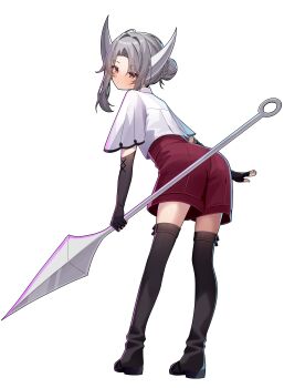 1girl absurdres adapted_costume alternate_costume alternate_eye_color ass ass_focus boots cloak commission commissioner_upload crop_top elbow_gloves eyelashes fingerless_gloves from_behind full_body gloves hair_bun high-waist_shorts highres holding holding_polearm holding_weapon hollow_knight hollow_knight:_silksong hornet_(hollow_knight) horns humanization long_bangs long_hair long_sidelocks looking_at_viewer non-web_source petite pink_eyes polearm short_sleeves shorts sidelocks solo thigh_boots thighs transparent_background wayanfa weapon white_hair