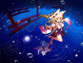1girl animal_ear_fluff animal_ears artist_request barefoot bell blonde_hair breasts character_request cleavage convenient_leg detached_sleeves different_reflection fox_ears fox_girl fox_tail full_body hair_ornament japanese_clothes jingle_bell large_breasts long_hair magatama multiple_torii night official_art outdoors photoshop_(medium) red_eyes reflection ripples smile solo tail the_fox's_way_home thick_eyebrows torii walking walking_on_liquid water water_drop wide_sleeves