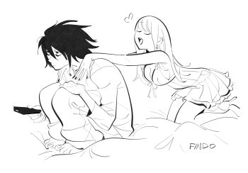 1boy 1girl amane_misa artist_name bags_under_eyes bare_shoulders barefoot black_hair black_nails breasts cleavage closed_eyes controller cross cross_earrings death_note derivative_work earrings findoworld greyscale hair_between_eyes hands_on_another&#039;s_shoulders hetero highres holding holding_remote_control hugging_own_legs jewelry l_(death_note) leaning_forward lingerie long_hair medium_breasts monochrome nail_polish negligee on_bed open_mouth remote_control shirt short_hair smile underwear white_shirt