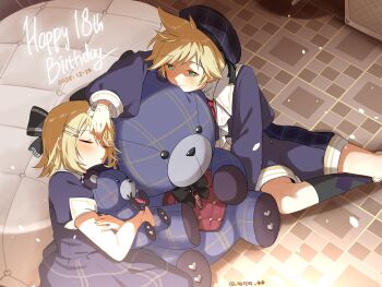 1boy 1girl absurdres beret closed_eyes closed_mouth green_eyes hair_ornament hairclip happy_birthday hat highres holding holding_stuffed_toy kagamine_len kagamine_rin long_sleeves neross on_ground ribbon shorts siblings stuffed_animal stuffed_toy teddy_bear twins vocaloid
