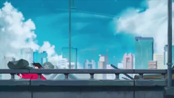 1girl ahoge animated black_eyes black_gloves blue_pantyhose brown_hair building car closed_mouth debris denim falling fingerless_gloves gloves jacket jeans jumping lamppost long_hair motor_vehicle original pants pantyhose red_jacket red_shoes road shoes smoke sneakers street tagme video weilin_zhang