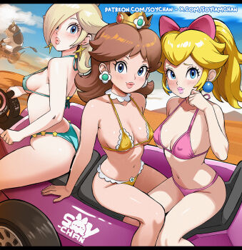 3girls aqua_bikini ass bikini blonde_hair blue_eyes blue_sky bow breasts brown_hair cleavage closed_mouth commentary covered_erect_nipples cow crown desert earrings english_commentary hair_bow hair_over_one_eye jewelry lips long_hair looking_at_viewer mario_(series) mario_kart mario_kart_world medium_breasts mini_crown moo_moo_(mario) multiple_girls navel nintendo pink_bikini pink_bow ponytail princess_daisy princess_peach riding rosalina sideboob sitting sky soy-chan sphere_earrings swimsuit yellow_bikini