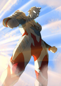 1boy alien armor black_skin blue_skin blue_sky breastplate clenched_hands cloud cloudy_sky color_timer colored_skin commentary compound_eyes dorsal_fin dust_cloud feet_out_of_frame forehead_jewel foreshortening from_below gem giant giant_male glowing glowing_eyes green_gemstone highres legs_apart looking_down mafuyu_tora male_focus multicolored_skin outdoors pectorals red_skin shoulder_armor silver_skin sky solo standing sunlight tokusatsu toned toned_male ultra_series ultraman_z ultraman_z_(alpha_edge) ultraman_z_(series) white_eyes wrinkled_skin