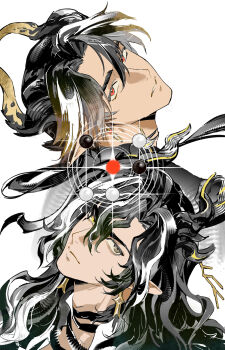 Rule 34 | 2boys, absurdres, arknights, black hair, chongyue (arknights), closed mouth, earrings, grey eyes, hair between eyes, hashtag-only commentary, highres, horns, jewelry, long hair, looking at viewer, male focus, multicolored hair, multicolored horns, multiple boys, parted bangs, pointy ears, portrait, red eyes, short hair, simple background, streaked hair, two-tone horns, wang (arknights), white background, white hair, yellow eyes, yellow horns, yinhepongpong