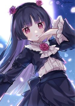 Rule 34 | 1girl, black hair, black jacket, black skirt, blunt bangs, buttons, closed mouth, cowboy shot, cropped jacket, flower, frilled sleeves, frills, gokou ruri, gothic lolita, hand up, hashtag-only commentary, highres, jacket, lolita fashion, long hair, long sleeves, looking at viewer, mole, mole under eye, neck flower, ore no imouto ga konna ni kawaii wake ga nai, red eyes, red flower, red rose, rose, shirt, signature, skirt, solo, white shirt, wide sleeves, yukomeow