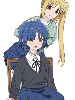 2girls black_jacket blonde_hair blue_hair bocchi_the_rock! chair dickneck disembodied_head dullahan green_jacket hair_ornament hairclip hands_on_another&#039;s_cheeks hands_on_another&#039;s_face highres ijichi_nijika jacket jbxpism misplaced_genitals multiple_girls on_chair penis penis_neck ponytail pussy shirt side_ponytail simple_background sitting textless_version uncensored what white_background white_shirt yamada_ryo yellow_eyes