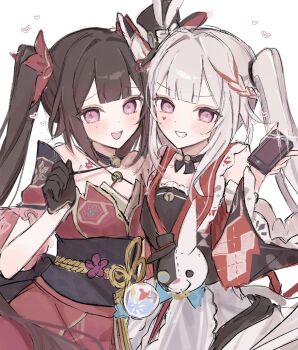 2girls :d bell black_choker black_gloves brown_hair choker diamond_on_cheek gloves hair_ornament hat heart heart_on_cheek highres holding holding_phone honkai:_star_rail honkai_(series) multiple_girls nankanankadayo open_mouth phone pink_eyes red_streaks smile sparkle_(honkai:_star_rail) sparxie_(honkai:_star_rail) twintails upper_body white_background white_hair