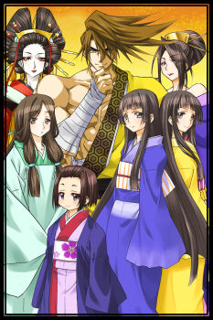 1boy 6+girls asagao_(samurai_spirits) asymmetrical_hair bandaged_arm bandages black_border black_eyes black_hair blue_kimono blunt_bangs border boutan_(samurai_spirits) brown_eyes brown_hair child closed_mouth commentary_request datehyogo floral_print green_kimono hair_between_eyes hair_bun hair_ornament hair_stick hand_on_own_chin hand_up harem highres hime_cut japanese_clothes kageyama_shinobi kanzashi kimono lipstick long_hair long_sidelocks long_sleeves looking_at_viewer low-tied_sidelocks makeup multiple_girls muscular muscular_male nadeshiko_(samurai_spirits) nihongami obi oiran pale_skin parted_bangs print_sash red_kimono red_lips samurai_spirits sash shirayuri_(samurai_spirits) short_hair sidelocks sleeves_past_fingers sleeves_past_wrists smile spiked_hair standing tokugawa_yoshitora tsubaki_(samurai_spirits) very_long_hair white_kimono white_sash wide_sleeves yellow_background yellow_kimono yuugao_(samurai_spirits)