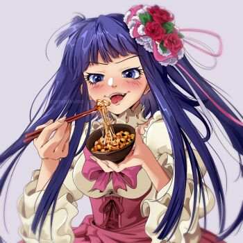 1girl absurdres blue_eyes blue_hair blunt_bangs blush bow bowl choker chopsticks dress eating flower food frills furudo_erika hair_flower hair_ornament hat highres holding holding_bowl holding_chopsticks long_hair nattou open_mouth pink_bow ribbon rose skirt smile solo tongue tongue_out twintails umineko_no_naku_koro_ni uneasywolf
