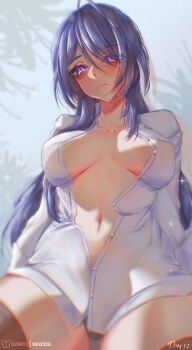 1girl absurdres acheron_(honkai:_star_rail) artist_name black_panties breasts commentary english_commentary hibahria highres honkai:_star_rail honkai_(series) large_breasts long_hair looking_at_viewer open_clothes open_shirt panties purple_eyes purple_hair shirt solo thighs underwear very_long_hair white_shirt