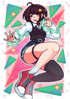 1girl absurdres ahoge artist_self-insert belt black_belt black_choker black_eyes black_hair breasts choker commentary full_body highres looking_at_viewer open_mouth original pink_background pixel_art short_hair single_thighhigh small_breasts smile solo sparkle thighhighs yumykon yumykon_(yumykon)
