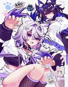 Rule 34 | 4girls, :3, ?, animal ears, bandaid, bandaid hair ornament, black hair, black horns, black jacket, blue hair, blue hairband, breasts, chest jewel, claw (weapon), collar, colored inner hair, cosplay, dog ears, dog girl, dress, fake horns, fishnet socks, fishnets, fur-trimmed jacket, fur trim, fuwawa abyssgard, fuwawa abyssgard (cosplay), gem, grey hair, hair intakes, hair ornament, hairband, headphones, headphones around neck, highres, hololive, hololive english, horn hairband, horns, jacket, jailbird (nerissa ravencroft), jewel under eye, kneehighs, koseki bijou, large breasts, mococo abyssgard, mococo abyssgard (cosplay), multicolored hair, multiple girls, nerissa ravencroft, open mouth, pebble (koseki bijou), pochaimo, purple eyes, purple gemstone, purple hairband, red eyes, shirt, socks, spiked collar, spikes, sweat, virtual youtuber, weapon, white dress, white shirt, x hair ornament