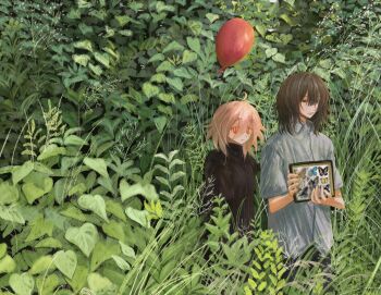 1boy 1girl balloon black_jacket brown_hair bug butterfly closed_mouth commentary_request framed_insect grey_shirt hair_between_eyes highres holding holding_balloon holding_picture_frame insect jacket koko_4 long_hair_between_eyes long_sleeves medium_hair nature original outdoors picture_frame plant red_eyes scenery shirt sleeves_past_fingers sleeves_past_wrists