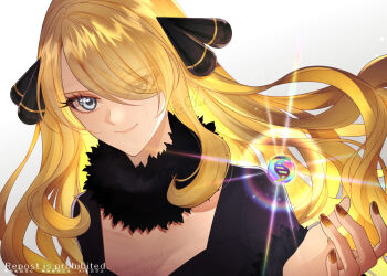 1girl black_coat blonde_hair breasts cleavage closed_mouth coat collarbone cynthia_(pokemon) eyelashes eyes_visible_through_hair fur-trimmed_sleeves fur_collar fur_trim gradient_background grey_eyes hair_ornament hair_over_one_eye long_hair long_sleeves mega_stone nail_polish nintendo pokemon pokemon_dppt sakaralalala sidelocks smile solo upper_body