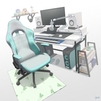 Rule 34 | absurdres, chair, character doll, desk, doll, fang, gaming chair, hatsune miku, highres, instrument, jacket, kabanoki, kagamine len, kagamine rin, kaito (vocaloid), keyboard (instrument), megurine luka, meiko (vocaloid), microphone, mixing console, monitor, niconico, no humans, pop filter, revision, shelf, short shorts, shorts, signature, sitting, skirt, speaker, spring onion, spring onion print, stomach, stretching, swivel chair, terebi-chan, thighhighs, vocaloid