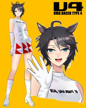 1girl absurdres ahoge alternate_costume animal_ears arm_at_side asymmetrical_bangs bare_shoulders black_hair blush boots breasts clothes_writing commentary contrapposto cosplay cropped_shoulders curtained_hair dress ear_ornament elbow_gloves english_commentary english_text fuji_kiseki_(umamusume) full_body gloves green_eyes grey_hair grin hand_on_own_hip hand_up high_heel_boots high_heels highres holeecrab horse_ears horse_girl knee_boots legs_apart looking_at_viewer medium_breasts microdress multicolored_hair multiple_views nagase_reiko nagase_reiko_(cosplay) nose_blush open_mouth parted_bangs pencil_dress ridge_racer short_hair simple_background sleeveless sleeveless_dress smile solo standing streaked_hair teeth thighs turtleneck turtleneck_dress two-tone_hair umamusume upper_teeth_only waving white_boots white_dress white_gloves yellow_background