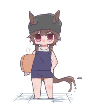 Rule 34 | 1girl, animal ears, bare arms, bare shoulders, barefoot, beer hsk, black hat, blue one-piece swimsuit, brown hair, carrying, carrying under arm, chibi, commentary request, ears through headwear, full body, hair between eyes, hand on own hip, hat, horse ears, horse girl, horse tail, kickboard, looking at viewer, nakayama festa (umamusume), one-piece swimsuit, purple eyes, simple background, solo, standing, swimsuit, tail, umamusume, white background