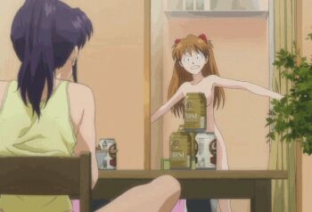 00s 2girls age_difference alcohol animated animated_gif beer bird can censored chair convenient_censoring evangelion:_2.0_you_can_(not)_advance indoors katsuragi_misato long_hair multiple_girls neon_genesis_evangelion non-web_source nude penguin penpen rebuild_of_evangelion sitting souryuu_asuka_langley spread_legs standing table