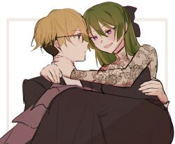 Rule 34 | 1boy, 1girl, :d, arm around shoulder, black bow, black dress, black suit, blonde hair, bow, carrying, dress, fenfenfen naku, formal, glasses, green hair, hair bow, hair down, highres, land (sousou no frieren), long hair, looking at another, open mouth, princess carry, profile, purple eyes, smile, sousou no frieren, suit, ubel (sousou no frieren), upper body