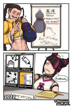 1boy 1girl 2022 2koma black_hair blush braid capcom chart clenched_teeth collar comic cone_hair_bun content_rating crop_top dated double_bun drooling drunk english_text gourd hair_bun han_juri head_bump hershuar holding holding_gourd index_finger_raised jamie_siu long_hair midriff multicolored_hair navel one_eye_closed open_mouth paper pen pink_hair profanity sharp_teeth sign single_braid speech_bubble spiked_collar spikes streaked_hair street_fighter street_fighter_6 teeth twitter_username two-tone_hair