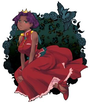 1990s_(style) 1girl aiguillette bad_id bad_pixiv_id bindi bird crown dark-skinned_female dark_skin dress female_focus flower full_body glasses gown green_eyes green_flower green_rose high_heels himemiya_anthy kneeling long_hair maki666 princess purple_hair retro_artstyle rose shoes shoujo_kakumei_utena solo