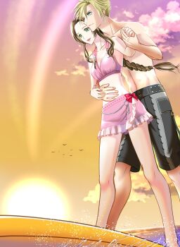 1boy 1girl aerith_gainsborough aerith_gainsborough_(pink_mermaid) aqua_eyes arm_around_waist beach bikini bikini_skirt black_male_swimwear blonde_hair bow braid braided_ponytail breasts brown_hair cleavage cloud_strife cloud_strife_(wild_surf) couple crop_top feet_out_of_frame final_fantasy final_fantasy_vii final_fantasy_vii_rebirth final_fantasy_vii_remake green_eyes hair_between_eyes harahara_yuki hetero highres holding_hands long_hair male_swimwear medium_breasts midriff ocean parted_bangs pink_bikini pink_skirt red_bow sand short_hair sidelocks single_braid skirt smile spiked_hair sunset swimsuit topless_male