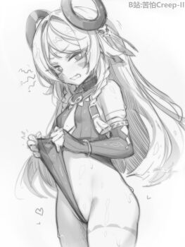 1girl armpits braid breasts character_request citlali_(genshin_impact) elbow_gloves frontal_wedgie genshin_impact gloves greyscale highleg highleg_leotard highres kupa_(jesterwii) leotard leotard_pull long_hair monochrome parted_lips ribbed_leotard self_wedgie sketch small_breasts solo wedgie