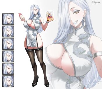 1girl absurdres baby_bottle bare_shoulders black_thighhighs blue_lips blush bottle breasts china_dress chinese_clothes cleavage cleavage_cutout closed_eyes clothing_cutout commentary_request dress earrings eyeliner fate/grand_order fate_(series) full_body grin hair_over_one_eye high_heels highres jewelry large_breasts long_hair looking_at_viewer makeup mrs._snake_(fate) multiple_views open_mouth pelvic_curtain shibao_aoyama smile super_baby_caren thighhighs white_dress white_hair yellow_eyes
