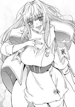 1girl azukiko belt belt_buckle blunt_bangs blush breasts buckle cherry_ornament commentary_request cosplay cowboy_shot dress eyelashes facial_mark greyscale hand_on_own_chest heart heart_facial_mark highres kitagawa_marin large_breasts long_hair looking_at_viewer macross macross_frontier macross_frontier:_itsuwari_no_utahime monochrome open_mouth sheryl_nome sheryl_nome_(cosplay) sidelocks solo sono_bisque_doll_wa_koi_wo_suru thighhighs