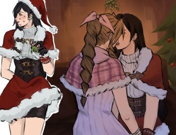 2girls absurdres aerith_gainsborough black_hair black_shorts braid brown_hair christmas christmas_tree closed_eyes commentary dress earrings english_commentary final_fantasy final_fantasy_vii final_fantasy_vii_remake gloves hair_ribbon hat highres imminent_kiss jewelry lipstick_mark lipstick_mark_on_face long_hair mistletoe multiple_girls pink_dress ribbon santa_costume santa_dress santa_hat shorts smile tifa_lockhart yuri