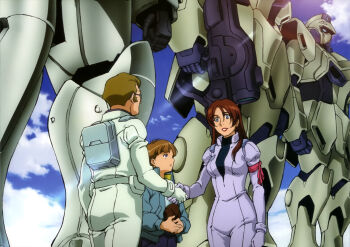 1990s_(style) 1girl 2boys age_difference artist_request cloud cloudy_sky earth_federation glasses gundam gundam_perfect_file handshake hat highres holding holding_unworn_clothes holding_unworn_hat lens_flare magazine_scan mahalia_merril mecha mecha_pilot_suit mobile_suit multiple_boys official_art oliver_inoe retro_artstyle robot scan science_fiction size_difference sky traditional_media unworn_hat unworn_headwear uso_ewin victory_gundam
