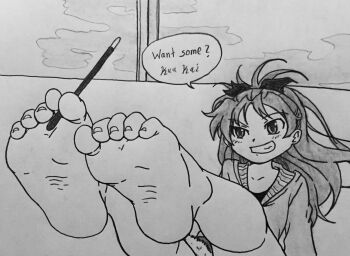 Rule 34 | 1girl, barefoot, between toes, black bow, blush, bow, english text, feet, food, foot focus, graphite (medium), highres, indoors, leg up, long hair, mahou shoujo madoka magica, monochrome, murati2882 (artist), pocky, sakura kyoko, smile, soles, solo, speech bubble, toes, traditional media