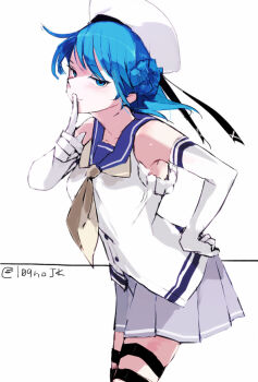 1girl bad_id blue_eyes blue_hair blue_sailor_collar breasts elbow_gloves finger_to_mouth gloves grey_skirt hageshii_nakano hair_bun hand_on_own_hip hat index_finger_raised kantai_collection looking_at_viewer miniskirt neckerchief pleated_skirt sailor_collar school_uniform serafuku simple_background skirt sleeveless solo twitter_username urakaze_(kancolle) white_background white_gloves white_hat yellow_neckerchief