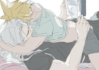 2boys alternate_costume arms_around_neck between_legs black_shirt blonde_hair book casual cloud_strife cuddling day final_fantasy final_fantasy_vii grey_hair hair_intakes hands_up highres holding holding_book hug indoors long_hair looking_down lying lying_on_person male_focus multiple_boys on_back reading sephiroth shirt short_hair short_sleeves shorts sketch spiked_hair spread_legs toned toned_male upper_body white_background yaoi yunnnnny