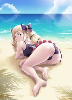 1girl ass barefoot beach blonde_hair blue_sky blush bow breasts cloud day drill_hair elise_(fire_emblem) elise_(tropical_flower)_(fire_emblem) feet female_focus fire_emblem fire_emblem_fates frilled_swimsuit frills from_behind hair_bow hair_ribbon long_hair looking_at_viewer looking_back lying nintendo ocean one-piece_swimsuit outdoors purple_eyes pussy ribbon sand sky small_breasts smile solo swimsuit thor_(deep_rising) tree_shade twin_drills twintails very_long_hair water wet