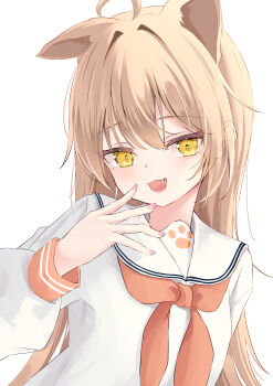 Rule 34 | 1girl, :3, :d, absurdres, ahoge, alternate costume, animal ears, blonde hair, commentary request, dot nose, fang, hair intakes, highres, indie virtual youtuber, lion ears, long hair, long sleeves, looking at viewer, neckerchief, open mouth, orange neckerchief, paw print, rurudo lion, sailor collar, school uniform, shirt, simple background, smile, solo, upper body, virtual youtuber, white background, white sailor collar, white shirt, yamamotokeisuke1004, yellow eyes