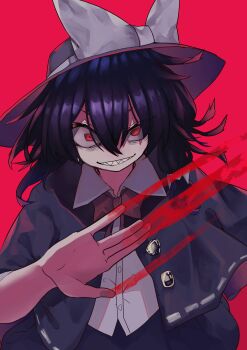 1girl absurdres alternate_eye_color black_capelet black_hair black_hat black_skirt blood bow bowtie capelet collared_shirt dress_shirt evil_grin evil_smile fourth_wall grin hair_bow hand_on_screen hashtag-only_commentary hat highres large_bow looking_at_viewer medium_hair muraryo red_background red_bow red_bowtie red_eyes shirt skirt smile touhou usami_renko white_bow white_shirt