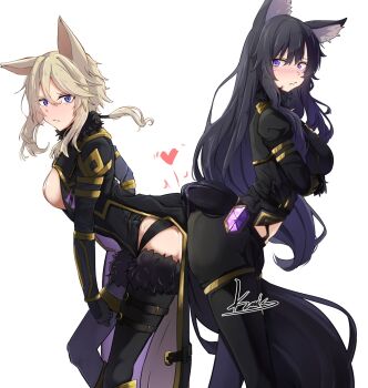 2girls animal_ear_fluff animal_ears ass-to-ass black_bodysuit black_hair blonde_hair blush bodysuit breasts cat_ears cat_girl cat_tail closed_mouth commentary_request delta_(kagejitsu) facial_mark fur_trim gem gold_trim hair_between_eyes heart highres kage_no_jitsuryokusha_ni_naritakute! kamisu_yu large_breasts long_hair multiple_girls purple_eyes purple_gem tail very_long_hair wolf_ears wolf_girl wolf_tail zeta_(kagejitsu)