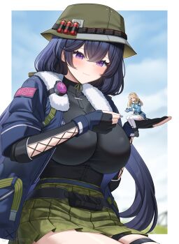 2girls absurdres black_gloves black_shirt black_shoes blonde_hair blue_gloves blue_jacket blue_skirt breasts bucket_hat closed_mouth commentary cup english_commentary giant giantess girls'_frontline girls'_frontline_2:_exilium gloves green_hat green_skirt hat highres holding holding_cup holding_teapot huge_breasts jacket long_sleeves looking_at_another lotta_(girls'_frontline_2) multiple_girls open_clothes open_jacket open_mouth partially_fingerless_gloves pleated_skirt purple_eyes purple_hair rynzfrancis shirt shoes sitting skirt smile striped_clothes striped_skirt suomi_(girls'_frontline) teapot thighhighs unzipped white_thighhighs