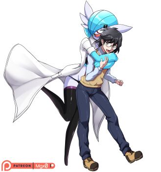 1boy 1girl absurdres alternate_color black_hair black_panties black_thighhighs blue_hair bob_cut closed_eyes collared_shirt commission dr._voir_(nanosheep) gardevoir gen_3_pokemon glasses hair_over_one_eye highres hug hug_from_behind lab_coat mgx0 nanosheep_(character) nintendo no_feet panties pants pokemon pokemon_(creature) shiny_pokemon shirt simple_background thighhighs underwear vest white_background