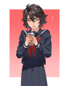 1girl :p black_hair black_serafuku black_skirt blush brown_hair chinese_commentary closed_eyes commentary cup disposable_cup facing_viewer glasses highres holding holding_cup jiguang_haibao long_sleeves momijiyama_teru neckerchief red_neckerchief sailor_collar school_uniform semi-rimless_eyewear serafuku shirt short_hair shy_(series) skirt solo tongue tongue_out translation_request white_background
