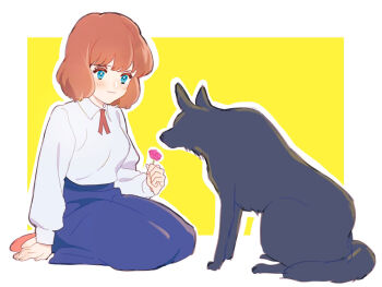 1girl bad_id bad_pixiv_id blue_eyes blush breasts brown_hair castle_of_cagliostro clarisse_de_cagliostro closed_mouth dog dress highres honoboooono lupin_iii short_hair smile