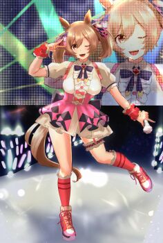 1girl absurdres animal_ears blue_bow blush bow breasts brown_eyes brown_hair commentary frilled_thigh_strap hair_ribbon high-waist_skirt highres holding holding_microphone horse_ears horse_girl horse_tail kimlarno_nazzo kneehighs looking_at_viewer microphone one_eye_closed open_mouth pink_ribbon pink_skirt red_shoes red_socks ribbon shirt shoes short_sleeves skirt smart_falcon_(love_4ever)_(umamusume) smart_falcon_(umamusume) socks solo stage standing standing_on_one_leg tail thigh_strap twintails umamusume v white_shirt wrist_cuffs