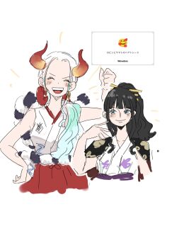 Rule 34 | 2025, 2girls, ^ ^, alternate hairstyle, aqua hair, black hair, blue eyes, blunt bangs, blush, closed eyes, collarbone, earrings, gradient hair, hair ornament, hair ribbon, hairstyle switch, hakama, hand on own hip, haori on shoulders, highres, horns, japanese clothes, jewelry, kimono, looking at another, multicolored hair, multiple girls, n i c0, nico robin, nico robin (onigashima), official alternate costume, one piece, ponytail, red hakama, red ribbon, ribbon, rope, shimenawa, sleeveless, sleeveless kimono, smile, white hair, white kimono, yamato (one piece)