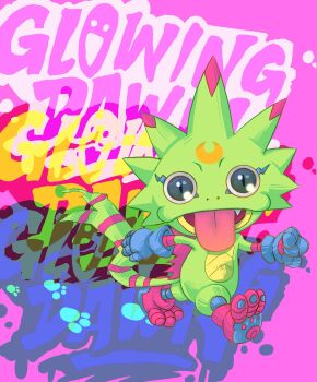 artist_request blue_gloves clenched_hands digimon digimon_(creature) digimon_beatbreak fang full_body gekkomon gloves highres looking_at_viewer pink_background psychedelic simple_background title tongue tongue_out transparent_background walking